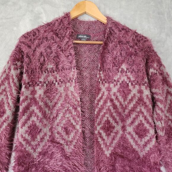 Eddie Bauer Cardigan Sweater Womens Medium Purple Eyelash Open Aztec Print Soft - Picture 2 of 9